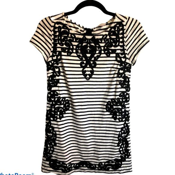 Anthropologie Stamp Black & White Striped w/ Embroidery Mini Dress XS - Picture 3 of 9